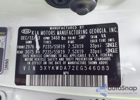 2014 Kia Sorento Limited V6 из США, поврежденный, VIN 5XYKWDA72EG546083